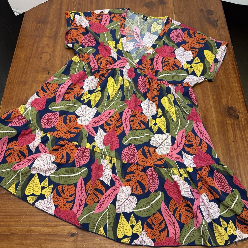 SHEIN Curve Plus 1XL Tropical Floral A-Line Dress Multicolor Ruffle Lightweight - Picture 1 of 8